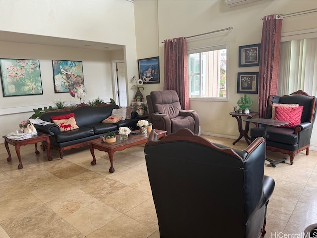 living room featuring a high ceiling