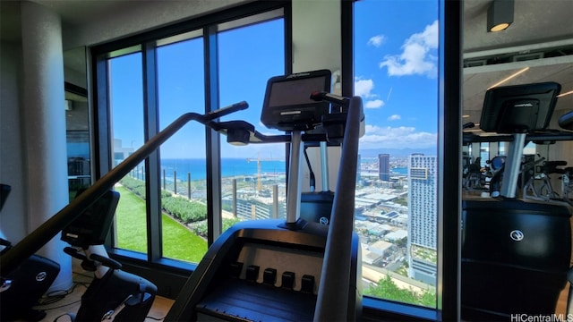 workout area with a water view