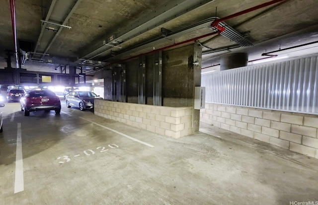 parking garage with concrete block wall