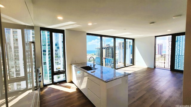 kitchen with a sink, floor to ceiling windows, dark wood-style flooring, and white cabinetry