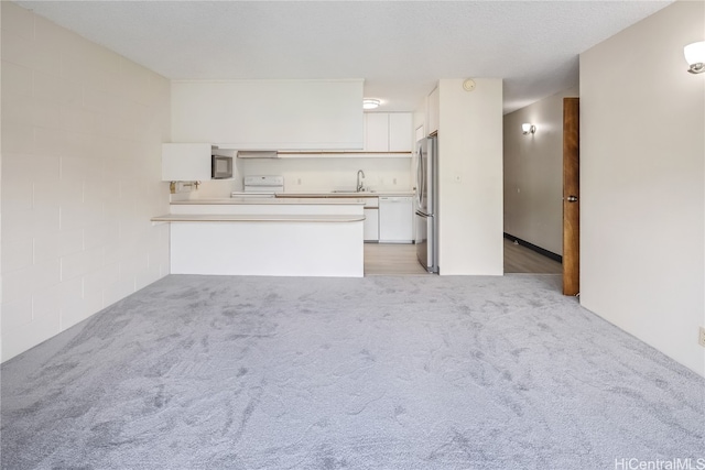 unfurnished living room with sink and light colored carpet