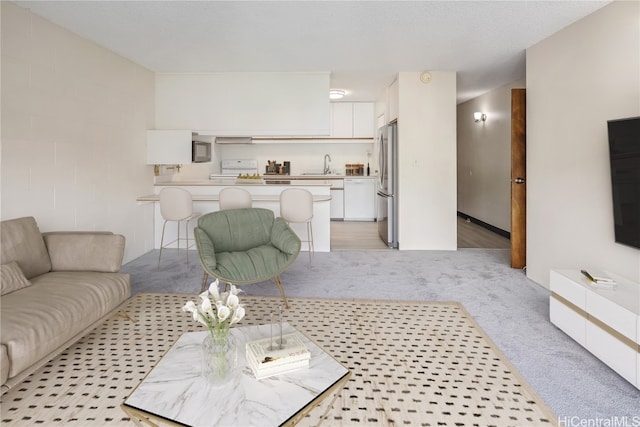 carpeted living room featuring sink