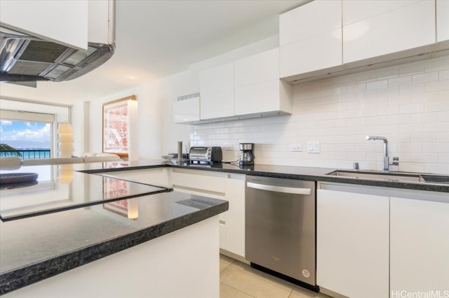 kitchen featuring backsplash, sink, stainless steel dishwasher, and white cabinets