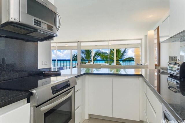 kitchen with appliances with stainless steel finishes, white cabinets, dark stone countertops, and tasteful backsplash