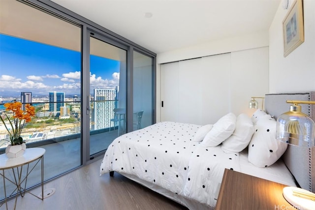 bedroom featuring a city view, a wall of windows, wood finished floors, and access to exterior