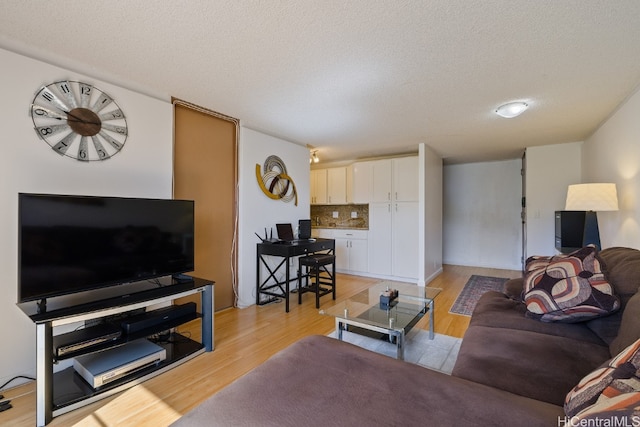 living room with a textured ceiling and light wood-type flooring