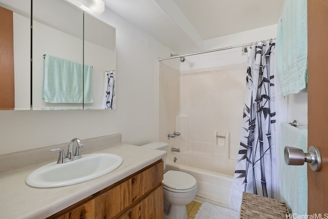 full bathroom with toilet, shower / bath combination with curtain, vanity, and tile patterned floors