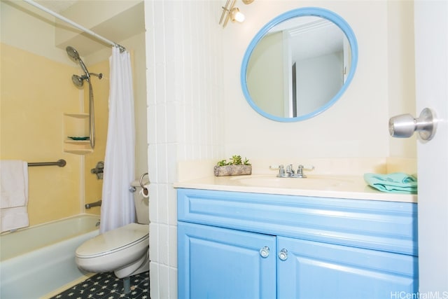 full bathroom featuring tile patterned flooring, vanity, toilet, and shower / bathtub combination with curtain