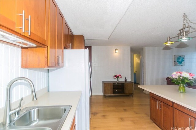 kitchen featuring a textured ceiling, light hardwood / wood-style floors, white refrigerator, and sink