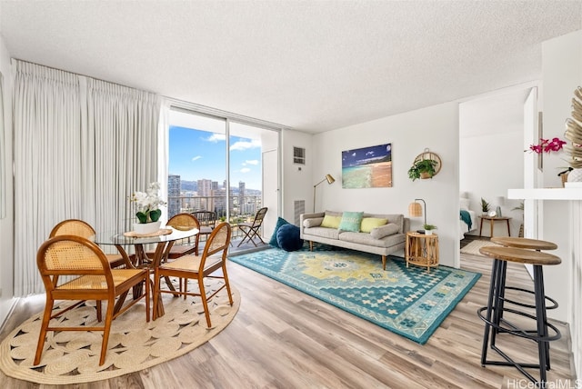 living room with light hardwood / wood-style floors, expansive windows, and a textured ceiling