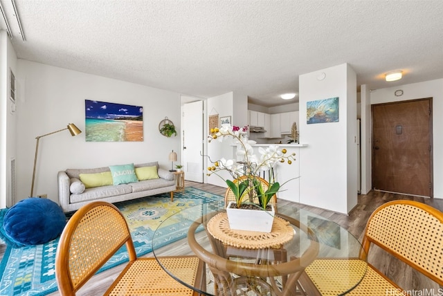 living room with a textured ceiling and wood-type flooring