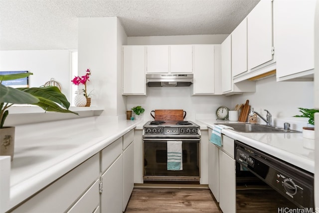 kitchen featuring stove, sink, white cabinetry, and black dishwasher