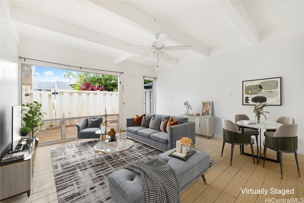 living room with beam ceiling, ceiling fan, and light wood-type flooring