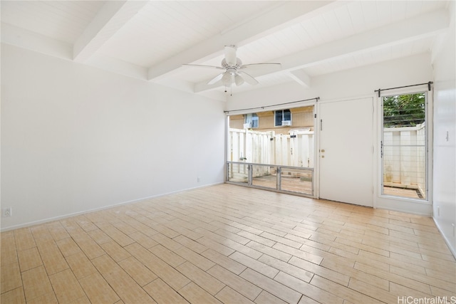 empty room with beamed ceiling, ceiling fan, and light wood-type flooring