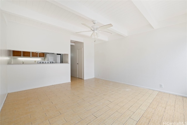 empty room featuring beam ceiling, ceiling fan, and light hardwood / wood-style floors