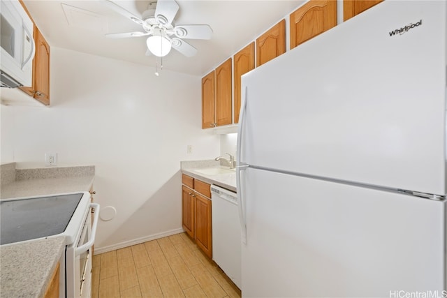 kitchen featuring ceiling fan, sink, white appliances, and light wood-type flooring