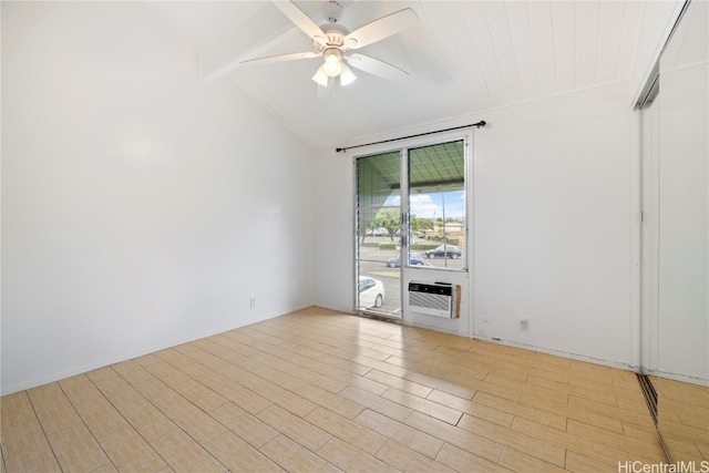 spare room featuring vaulted ceiling with beams, ceiling fan, light hardwood / wood-style flooring, and a wall mounted AC