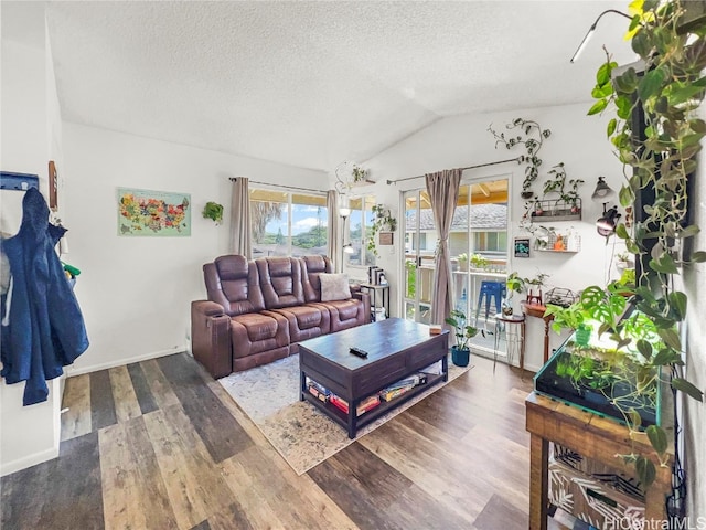 living room featuring a textured ceiling, hardwood / wood-style floors, and vaulted ceiling