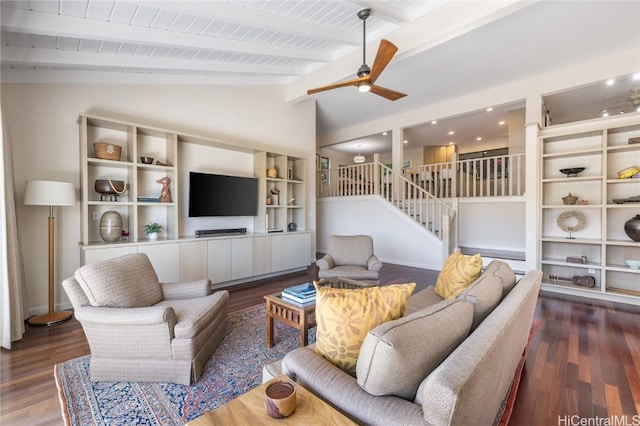 living room with lofted ceiling with beams, wooden ceiling, dark wood-type flooring, and ceiling fan