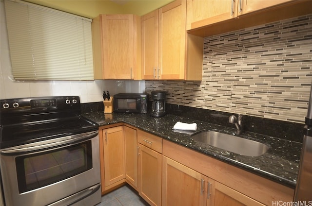 kitchen with sink, decorative backsplash, stainless steel range with electric cooktop, and dark stone countertops