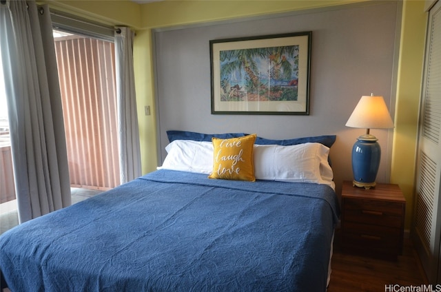 bedroom featuring dark hardwood / wood-style floors and a closet