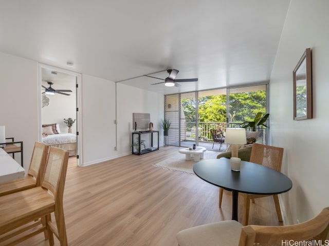 dining area with light hardwood / wood-style floors, expansive windows, ceiling fan, and a wealth of natural light