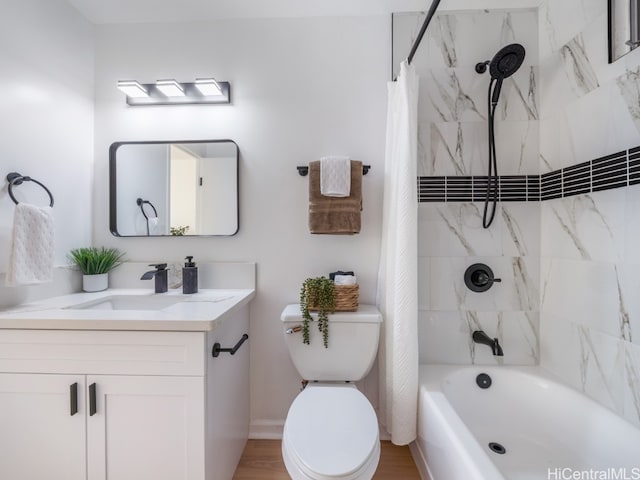 full bathroom with toilet, vanity, shower / bathtub combination with curtain, and wood-type flooring