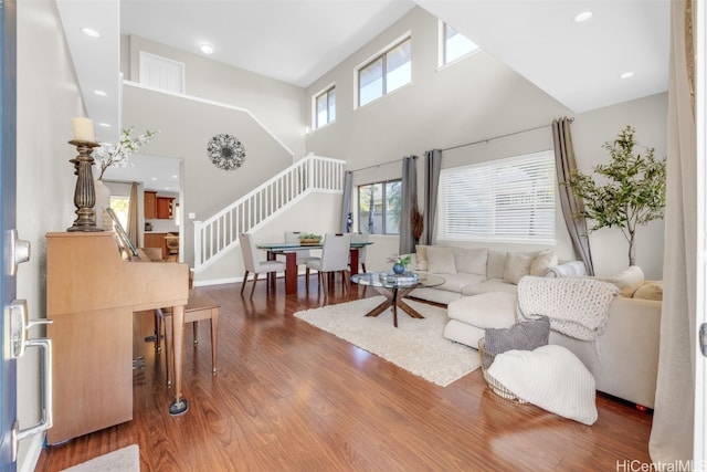 living room featuring hardwood / wood-style flooring and a high ceiling