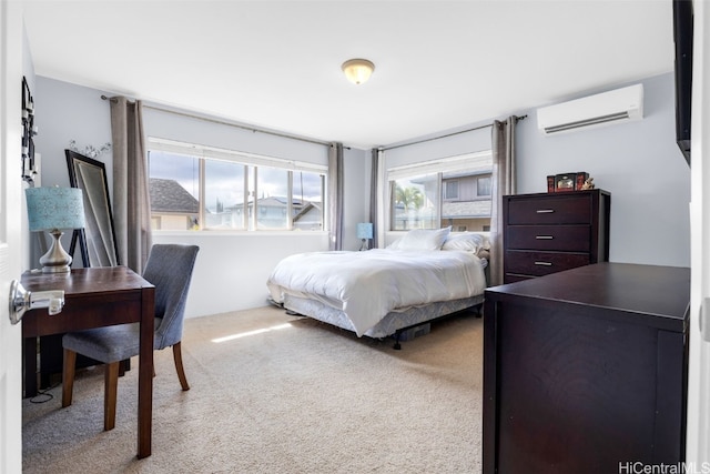 bedroom with multiple windows, an AC wall unit, and carpet flooring