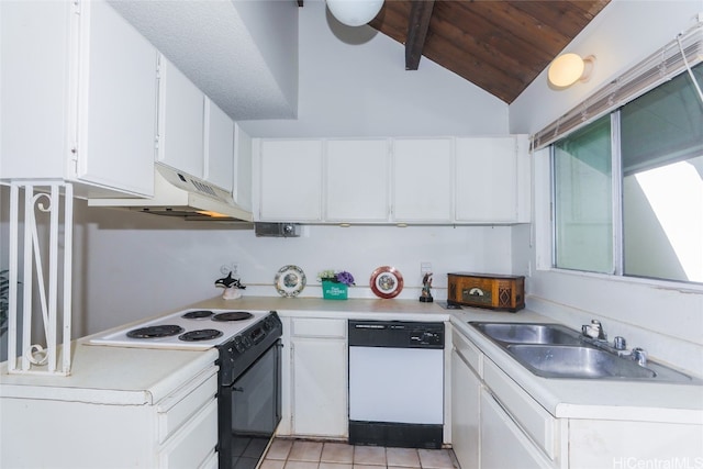 kitchen featuring sink, light tile patterned floors, lofted ceiling with beams, white appliances, and white cabinets