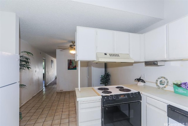 kitchen with white appliances, white cabinets, ceiling fan, light tile patterned floors, and a textured ceiling