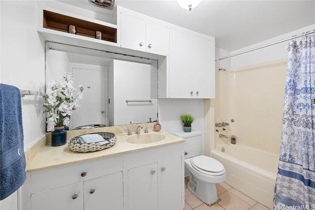 bathroom featuring tile patterned floors, shower / bathtub combination with curtain, toilet, and vanity