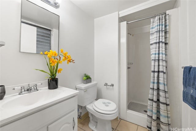 full bath featuring tile patterned floors, vanity, toilet, and a shower stall