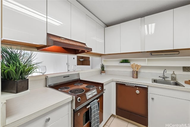 kitchen with electric range, under cabinet range hood, a sink, light countertops, and dishwashing machine