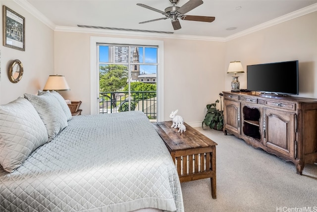 carpeted bedroom with ceiling fan, ornamental molding, and access to exterior