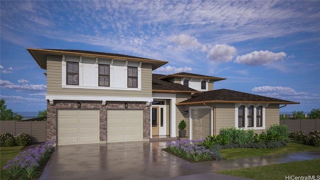 view of front of house with concrete driveway, stone siding, an attached garage, and fence