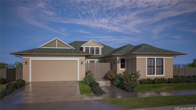 view of front of house with a garage, driveway, a front lawn, and fence