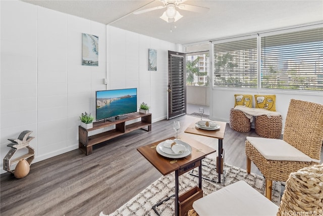 living room featuring hardwood / wood-style floors, a textured ceiling, and ceiling fan