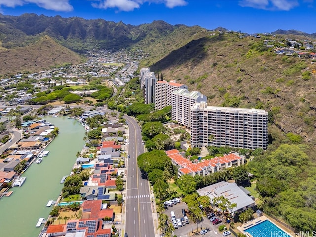 bird's eye view featuring a water and mountain view