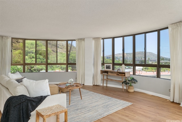 6770 Hawaii Kai Dr Unit 302, Honolulu, HI 96825 - living area with a textured ceiling, a mountain view, baseboards, and light wood-type flooring