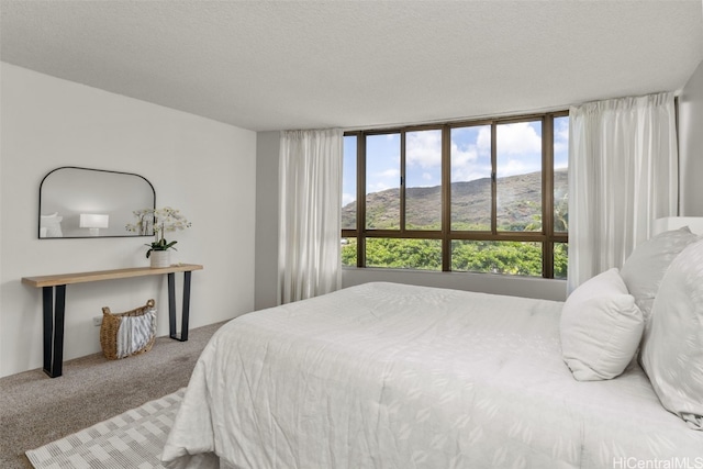 bedroom featuring a mountain view, carpet floors, and a textured ceiling