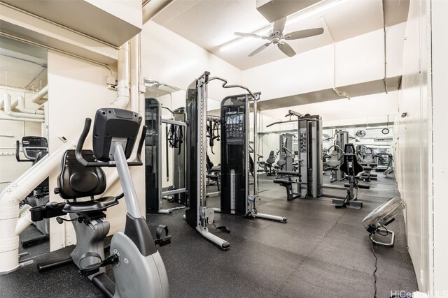 workout area with ceiling fan