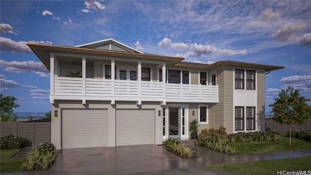 view of front facade with concrete driveway, a balcony, and a garage