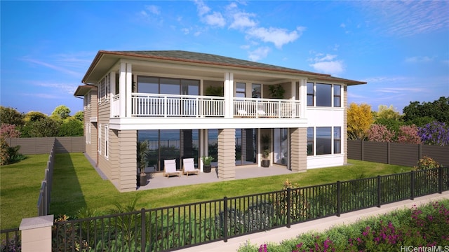 rear view of property with a yard, a balcony, a fenced backyard, and a patio area