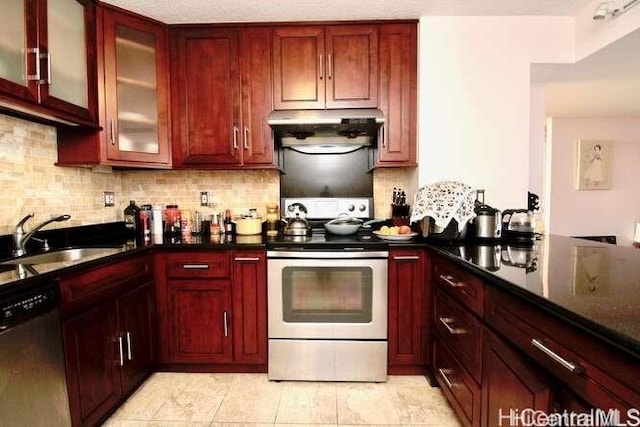 kitchen with dishwasher, tasteful backsplash, white electric range oven, and sink