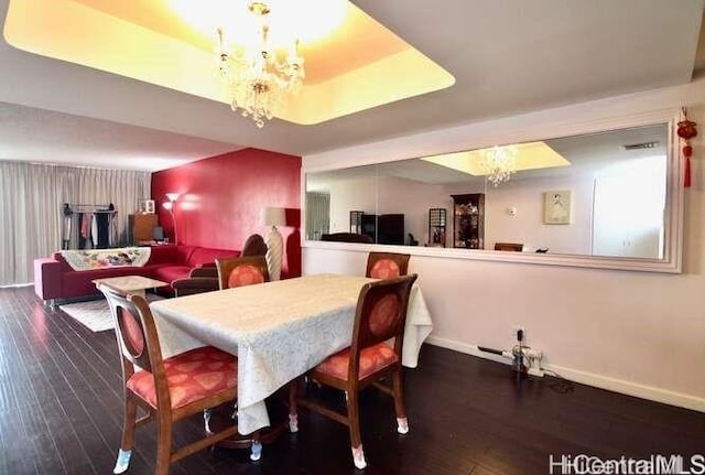 dining area with a notable chandelier and dark hardwood / wood-style floors