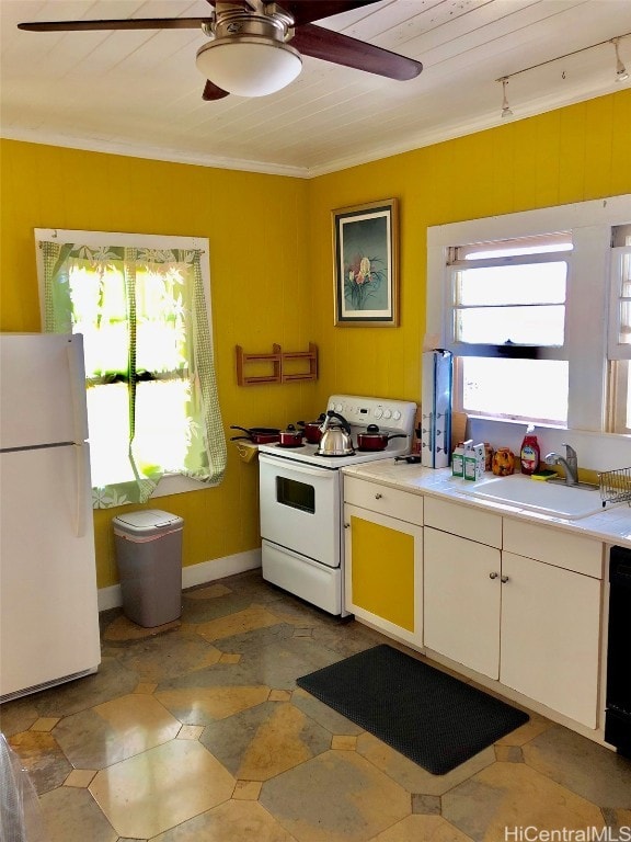 kitchen with wood ceiling, white cabinetry, crown molding, sink, and white appliances