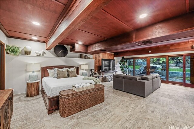 bedroom featuring wood ceiling, access to outside, and beamed ceiling