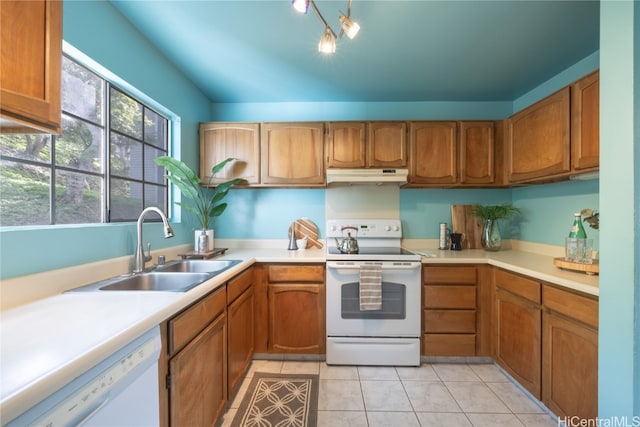 kitchen featuring sink, white appliances, and light tile patterned flooring