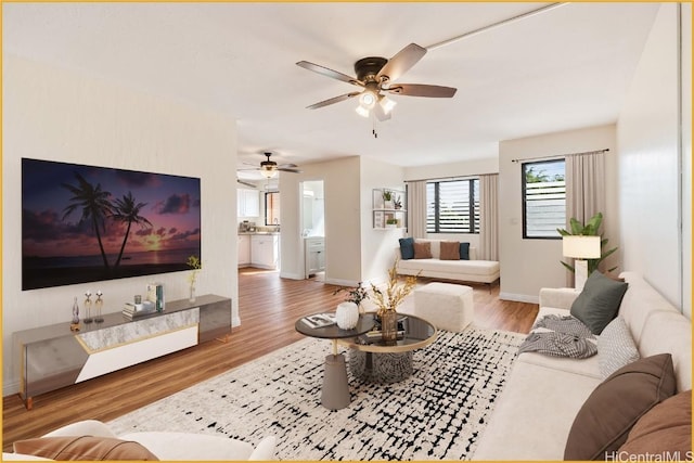 living room with ceiling fan and wood-type flooring